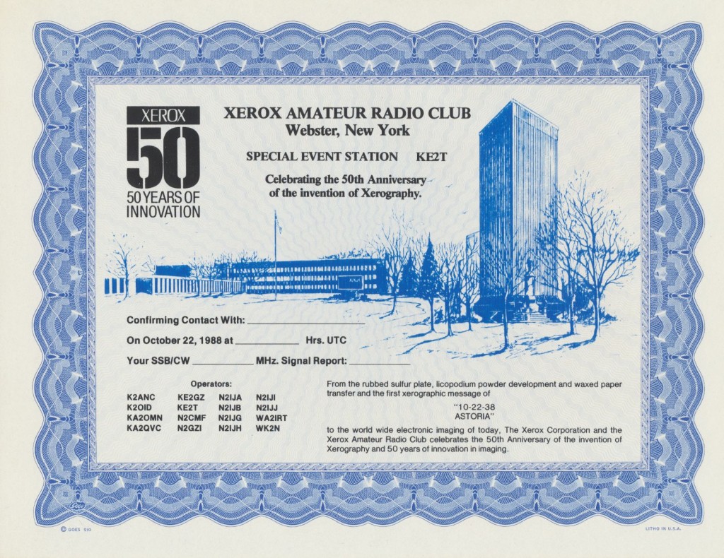 50th Anniversary of Xerography Special Event certificate
